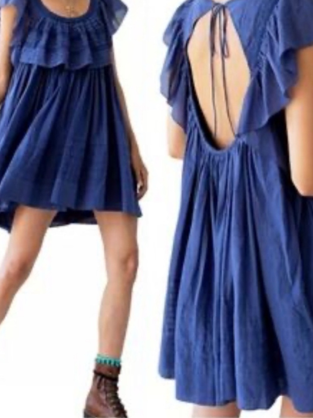 Free people baby doll cottagecore Blue Ruffled Open-Back Mini Dress